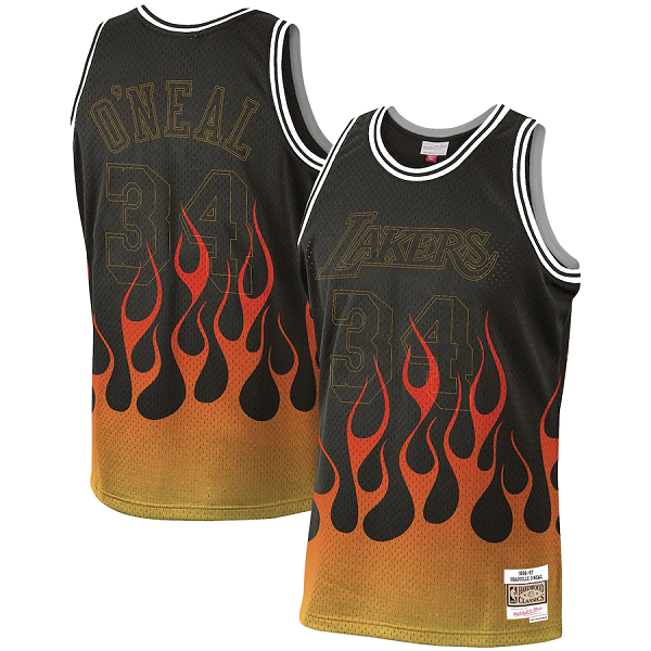 Men's Black Los Angeles Lakers #34 Shaquille O'Neal Mitchell & Ness 1996-97 Hardwood Classics Flames Swingman Stitched Jersey